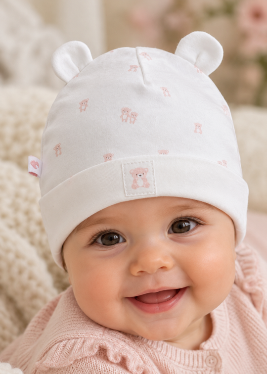 Caciulita din Bumbac Crem si Roz cu Urechiuse pentru Fetite SPK2649 – Mell Sweet Baby
