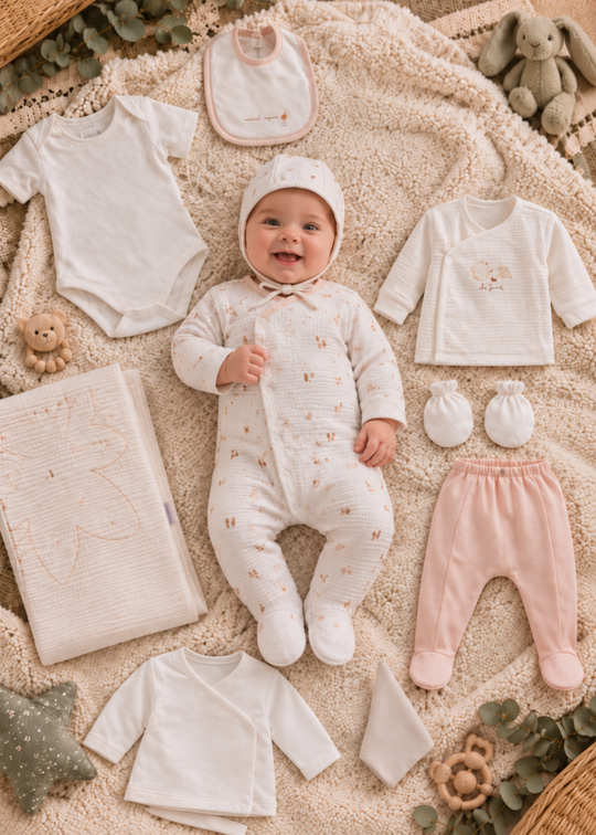 Set Maternitate 10 Piese Crem cu Dungi si Imprimeu pentru Baieti ZE2550 – Mell Sweet Baby