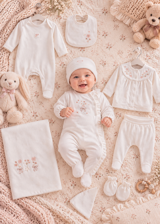 Set Maternitate 9 Piese Crem cu Volanase si Broderie pentru Fetite ZK2720 – Mell Sweet Baby