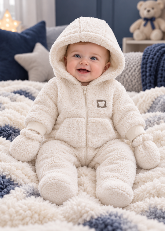 Combinezon Vatuit din Blanita Sherpa Crem cu Gluga, Buzunar si Manusi pentru Baieti TE2702 – Mell Sweet Baby