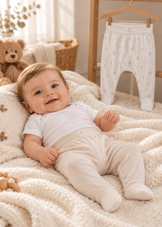 Set 2 Pantaloni cu Botosei, o Pereche Alba cu Imprimeu si Una Bej, pentru Baieti APE2637 – Mell Sweet Baby