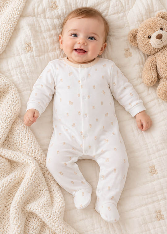 Salopeta Alba cu Imprimeu, Margini Bej si Botosei pentru Baieti TE2750 – Mell Sweet Baby