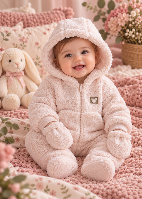 Combinezon Vatuit din Blanita Sherpa Roz cu Gluga, Buzunar si Manusi pentru Fetite TK2706 – Mell Sweet Baby