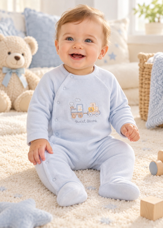 Salopeta Bleu cu Botosei si Broderie cu Trenulet pentru Baieti TE2741 – Mell Sweet Baby