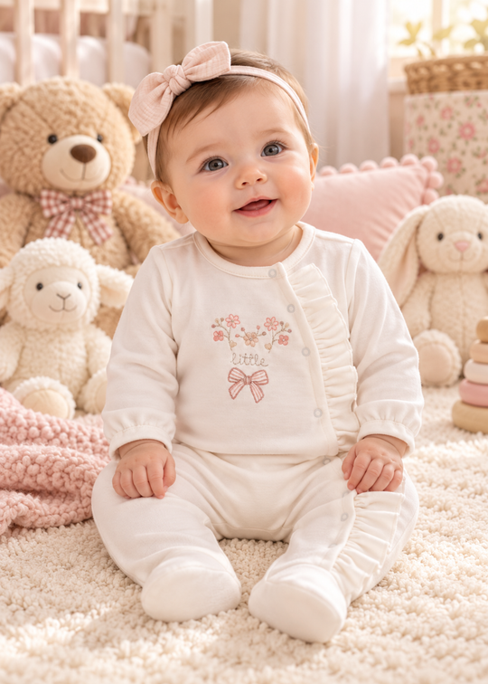 Salopeta Crem cu Botosei, Volanase, Broderie cu Flori si Fundita pentru Fetite TK2721 – Mell Sweet Baby