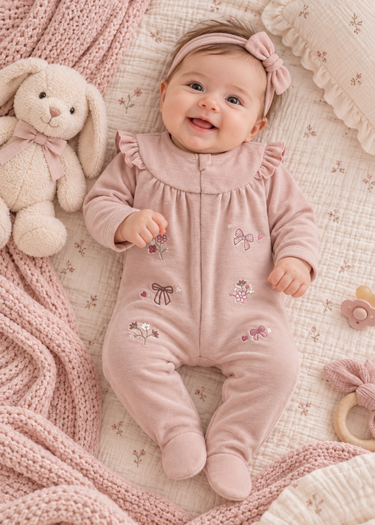 Salopeta Roz Prafuit cu Botosei, Volanase la Umeri, Broderie cu Flori si Fundite pentru Fetite TK2722 – Mell Sweet Baby