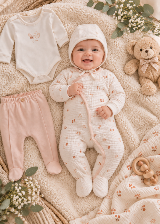 Set Maternitate 4 Piese Crem din Bumbac cu Body, Salopeta, Pantaloni si Caciulita pentru Baieti ZE2552 – Mell Sweet Baby