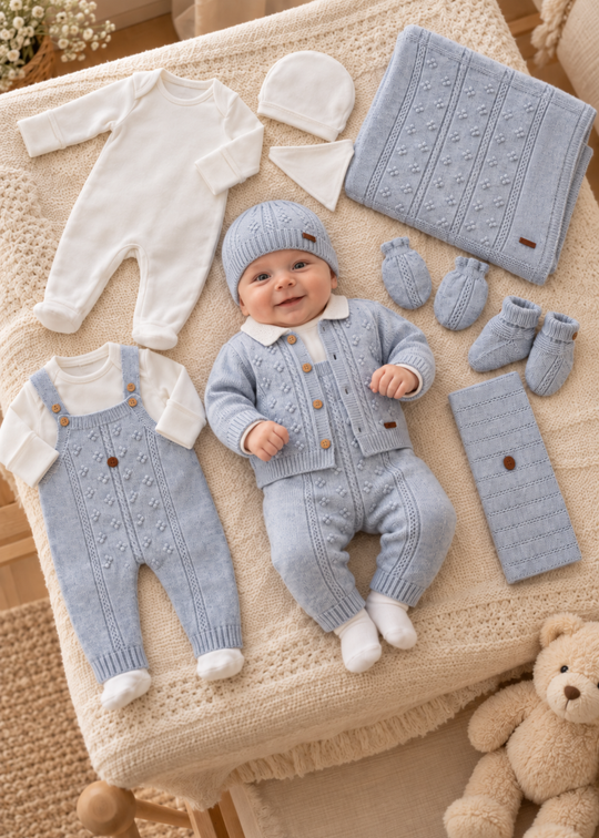 Set Maternitate 10 Piese Bleu din Lana Merinos cu Cardigan, Salopeta si Body din Bumbac pentru Baieti 3457 – Leo King
