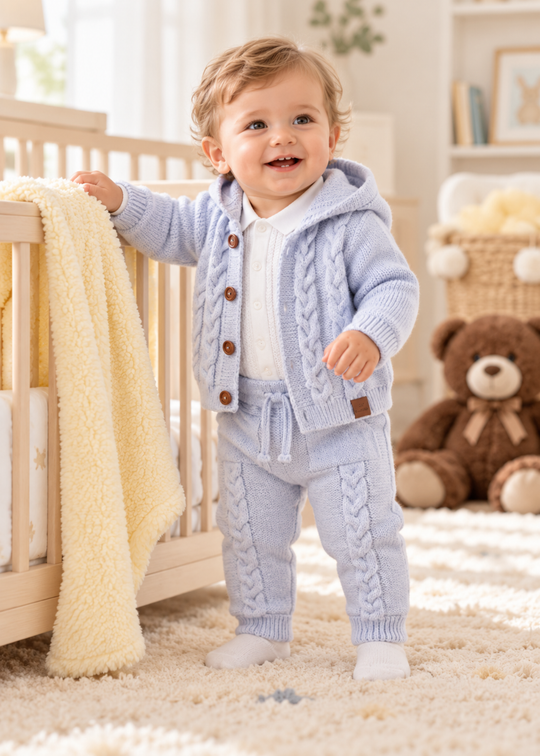 Set 3 Piese Bleu din Lana Merinos cu Jacheta cu Gluga, Bluza Alba din Bumbac si Pantaloni pentru Baieti 9556 – Leo King