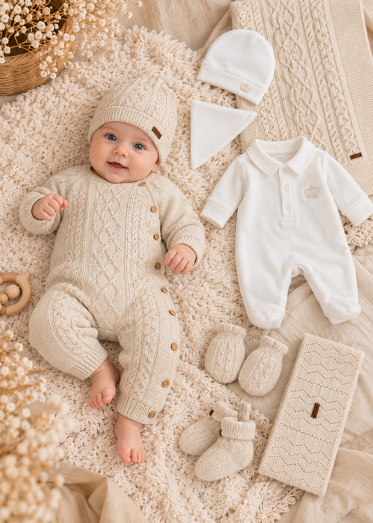 Set Maternitate 9 Piese Alb din Lana Merinos cu Salopeta Tricotata si Patura pentru Baieti 3470 – Leo King