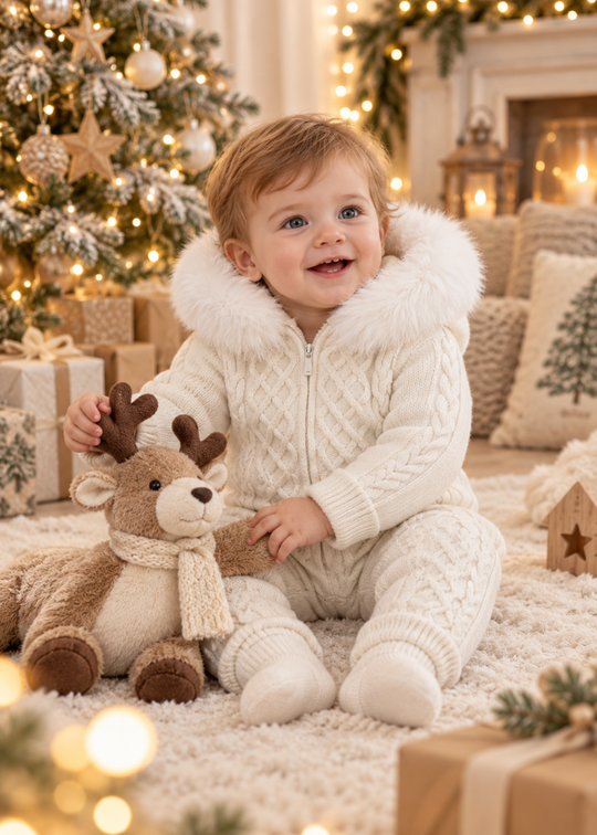 Combinezon Tricotat Ivory din Lana Merinos cu Blanita la Gluga pentru Baieti 9423 – Leo King