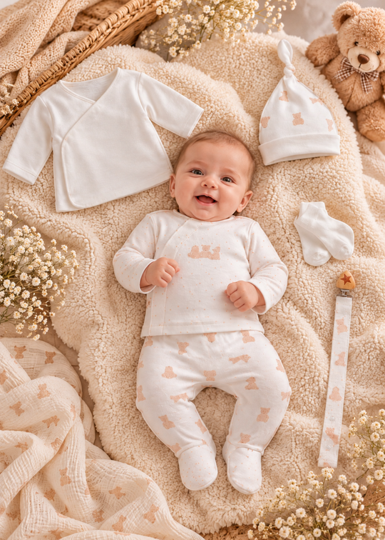 Set Maternitate 6 Piese Crem cu 2 Bluze, Pantaloni cu Botosei, Caciulita, Sosete si Lant Suzeta pentru Baieti ZE2543 – Mell Sweet Baby