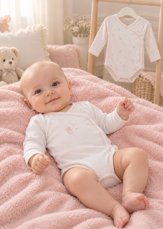 Set 2 Body-uri Albe cu Maneca Lunga, Inchidere Laterala, Imprimeu si Margini Roz pentru Fetite BK2647 – Mell Sweet Baby