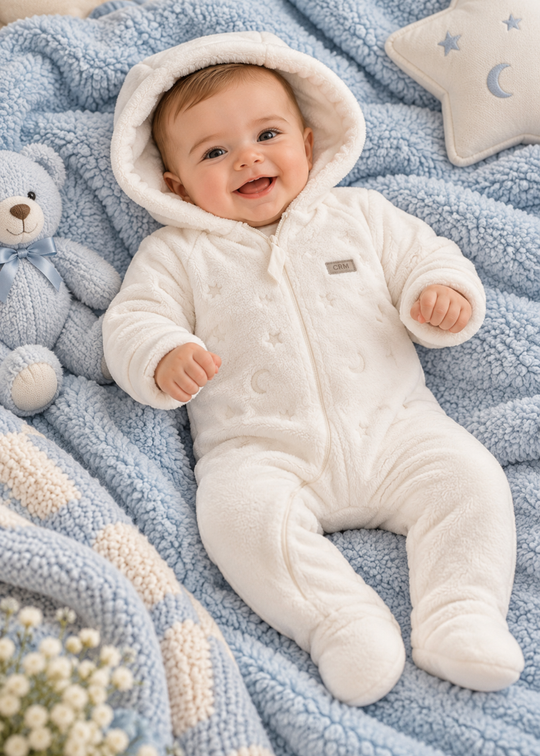 Combinezon din Plus Bej cu Gluga cu Urechiuse si Fermoar pentru Baieti TE2593 – Mell Sweet Baby