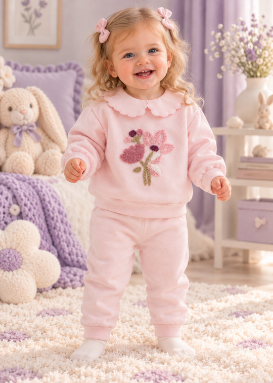 Compleu 2 Piese Roz Pudra cu Bluza cu Guler, Broderie cu Flori si Pantaloni pentru Fetite TKK2687 – Mell Sweet Baby