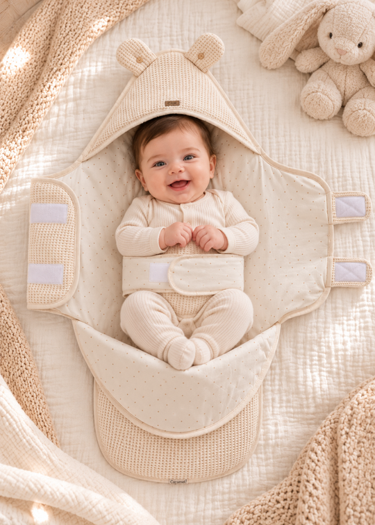 Sac Port-Bebe din Bumbac Bej cu Gluga si Urechiuse pentru Bebelusi ANU2805 – Mell Sweet Baby