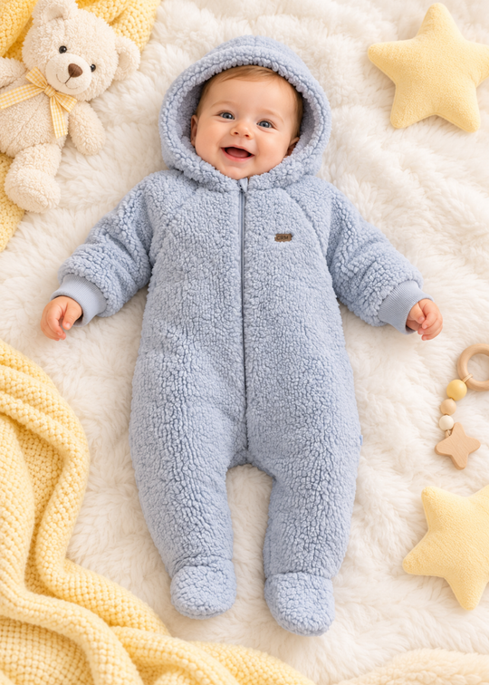 Combinezon din Blanita Sherpa Bleu cu Gluga cu Urechiuse si Fermoar pentru Baieti TE2703 – Mell Sweet Baby