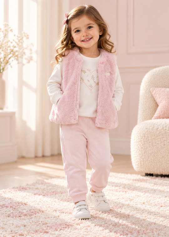 Compleu 3 Piese cu Vesta din Blanita Roz, Bluza Alba si Pantaloni pentru Fetite TKK2718 – Mell Sweet Baby