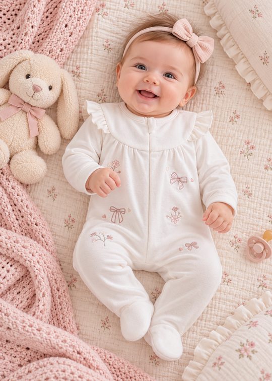 Salopeta Crem cu Botosei, Volanase la Umeri, Broderie cu Flori si Fundite pentru Fetite TK2722 – Mell Sweet Baby
