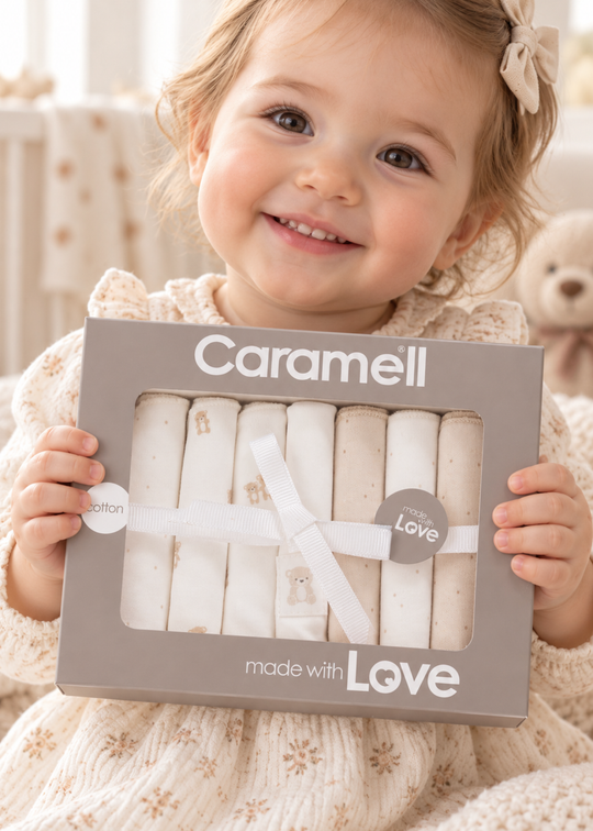 Set 7 Batiste din Bumbac Penye Albe si Bej in Cutie pentru Bebelusi MND2642 – Mell Sweet Baby