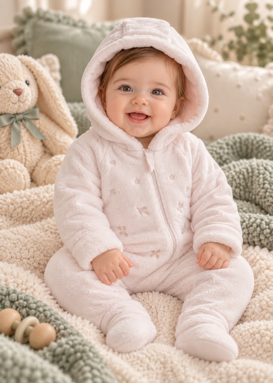 Combinezon din Plus Roz cu Gluga, Broderie si Fermoar pentru Fetite TK2591 – Mell Sweet Baby