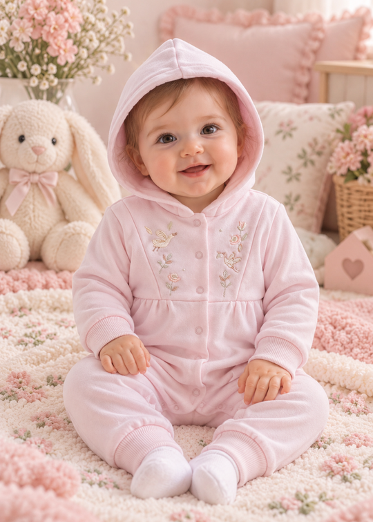 Salopeta Roz cu Gluga si Broderie cu Flori pentru Fetite TK2715 – Mell Sweet Baby