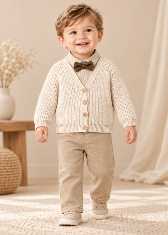 Set 3 Piese Cardigan Crem cu Camasa si Pantaloni Bej pentru Baieti 4715 – MyMio
