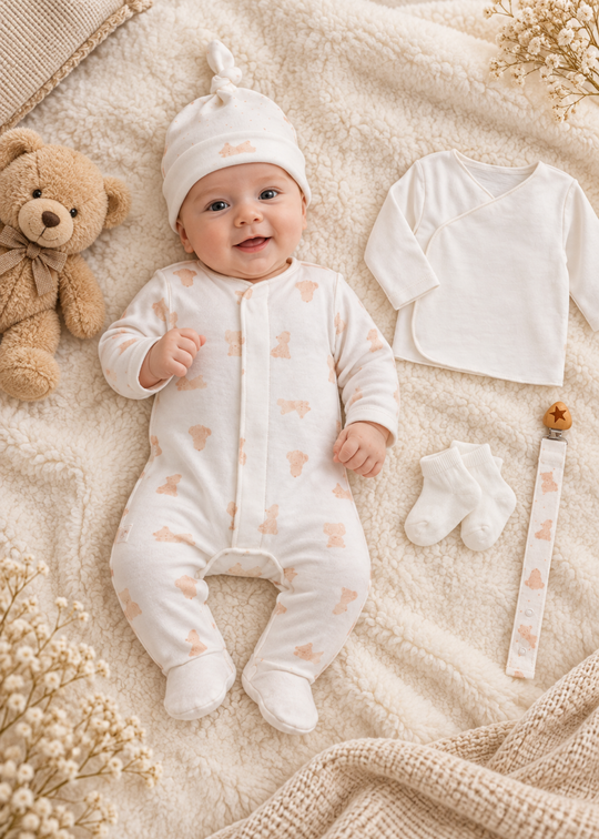 Set Maternitate 5 Piese Crem cu Salopeta, Bluza, Caciulita, Sosete si Lant Suzeta pentru Baieti ZE2544 – Mell Sweet Baby