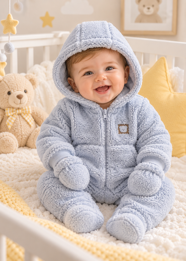 Combinezon Vatuit din Blanita Sherpa Bleu cu Gluga, Buzunar si Manusi pentru Baieti TE2702 – Mell Sweet Baby