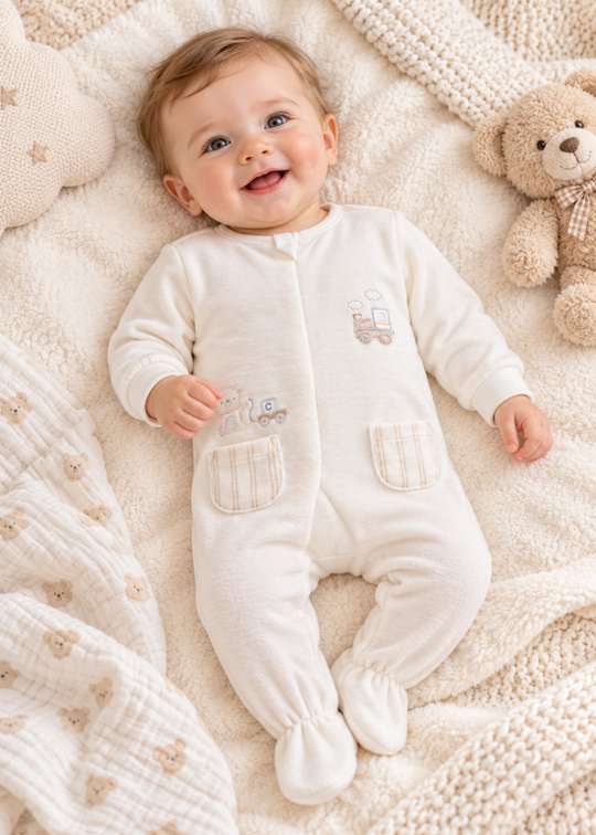 Salopeta Crem cu Botosei, Buzunare si Broderie cu Trenulet pentru Baieti TE2740 – Mell Sweet Baby