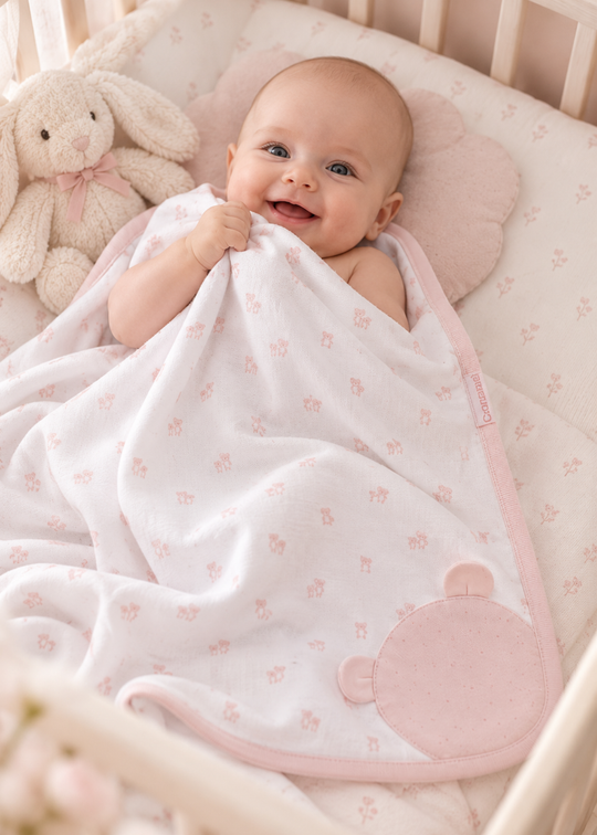 Patura Alba din Bumbac cu Imprimeu si Aplicatie Ursulet Roz pentru Fetite BTK2652 – Mell Sweet Baby