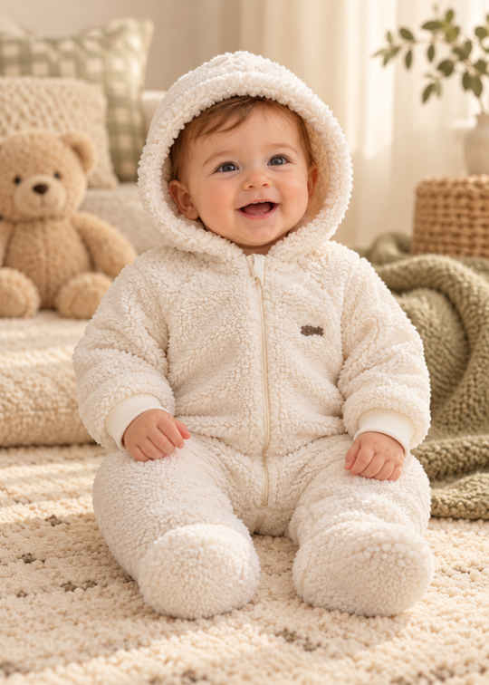 Combinezon din Blanita Sherpa Crem cu Gluga cu Urechiuse si Fermoar pentru Baieti TE2703 – Mell Sweet Baby