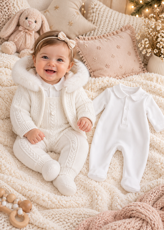 Set 3 Piese Alb din Lana Merinos cu Jacheta cu Blanita pentru Fetite 9343 – Leo King