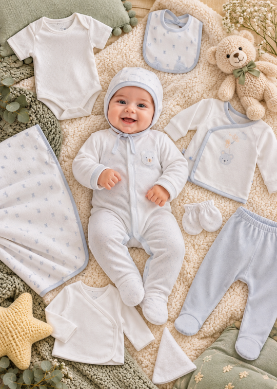 Set Maternitate 10 Piese Bleu cu Imprimeu din Bumbac pentru Baieti ZE2633 – Mell Sweet Baby