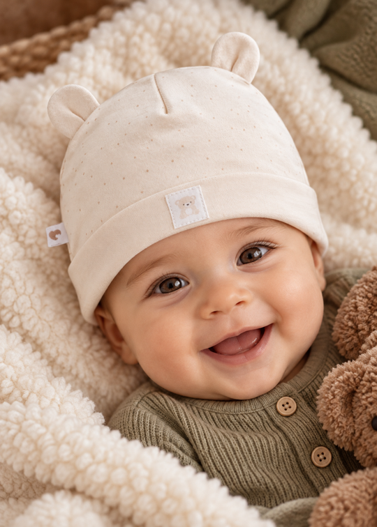 Caciulita din Bumbac Bej cu Urechiuse pentru Baieti SPE2638 – Mell Sweet Baby