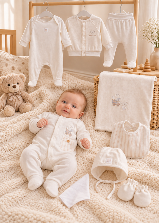 Set Maternitate 9 Piese Crem cu Broderie pentru Baieti ZE2739 – Mell Sweet Baby