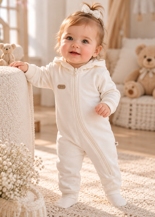Salopeta Crem cu Gluga si Fermoar pentru Fetite TK2585 – Mell Sweet Baby