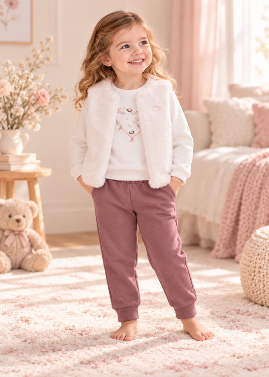 Compleu 3 Piese cu Vesta din Blanita, Bluza Alba si Pantaloni Mov pentru Fetite TKK2718 – Mell Sweet Baby