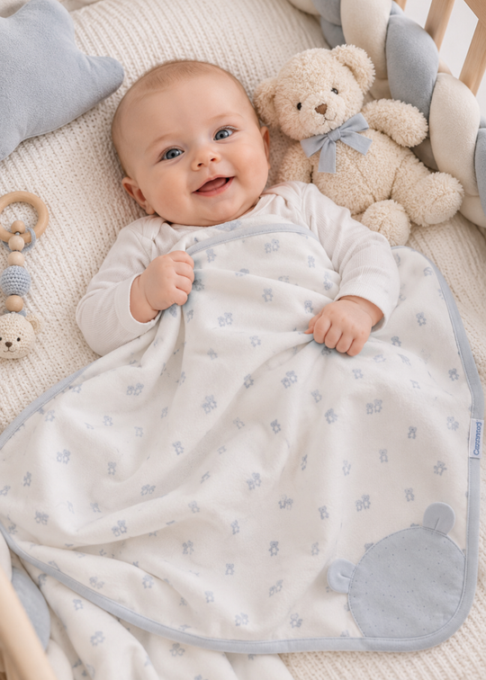 Patura Alba din Bumbac cu Imprimeu si Aplicatie Ursulet Bleu pentru Baieti BTE2641 – Mell Sweet Baby