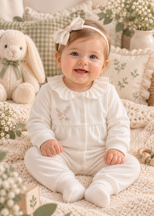 Salopeta Crem cu Guler cu Volanase si Broderie cu Flori pentru Fetite TK2714 – Mell Sweet Baby