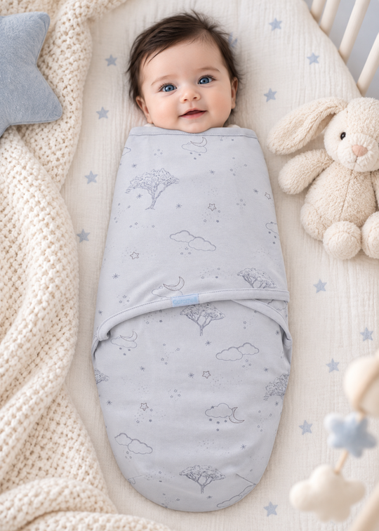Sistem de Infasat Bleu din Bumbac cu Imprimeu de Nori si Copaci pentru Bebelusi KNU2778 – Mell Sweet Baby