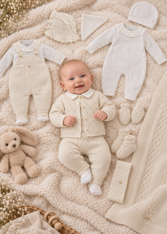 Set Maternitate 10 Piese Alb din Lana Merinos cu Cardigan cu Guler cu Volane si Patura pentru Fetite 3458 – Leo King