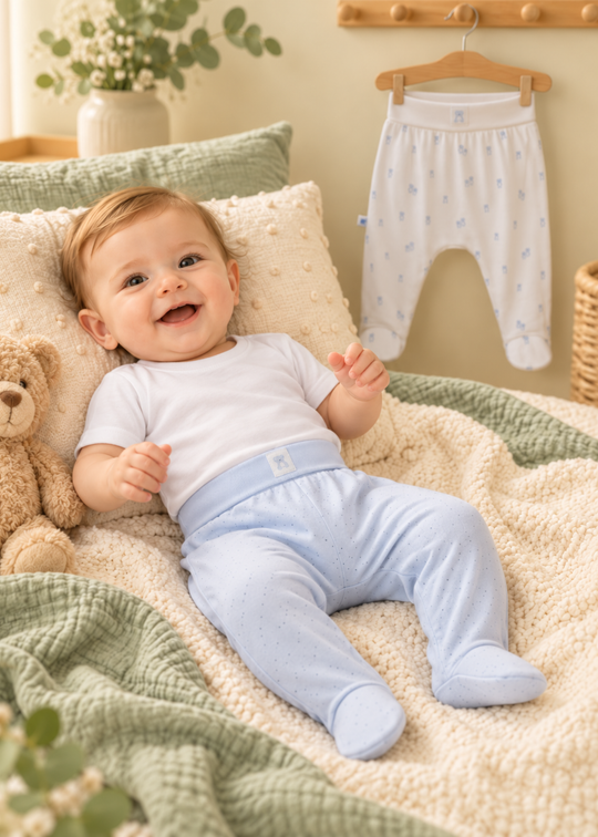 Set 2 Pantaloni cu Botosei, o Pereche Alba cu Imprimeu si Una Bleu, pentru Baieti APE2637 – Mell Sweet Baby