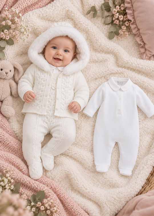 Set 3 Piese Alb din Lana Merinos cu Jacheta cu Blanita pentru Fetite 9340 – Leo King