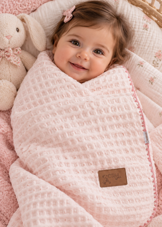 Patura din Tesatura Tip Vafa si Welsoft Roz cu Margine Cusuta Decorativ BTU2807 – Mell Sweet Baby