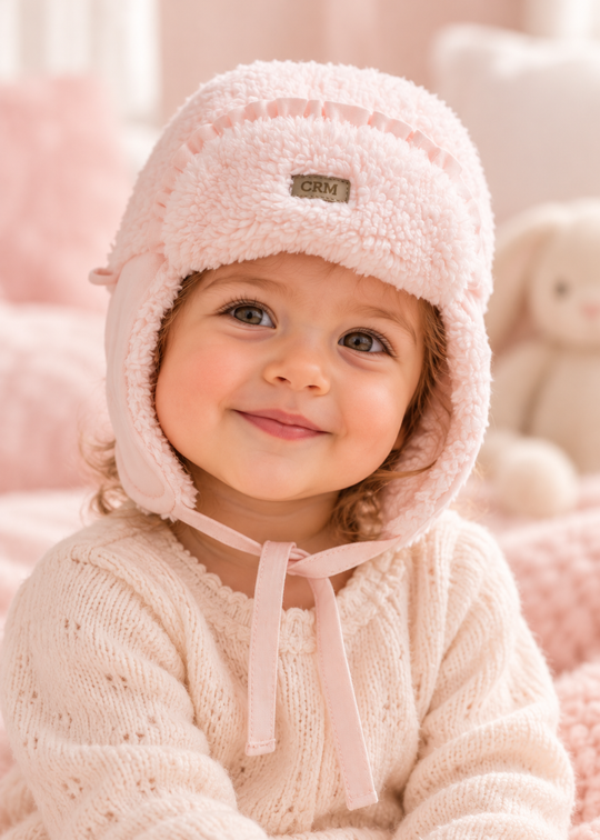 Caciula din Blanita Sherpa Roz cu Clapete si Legaturi pentru Fetite SPK2810 – Mell Sweet Baby