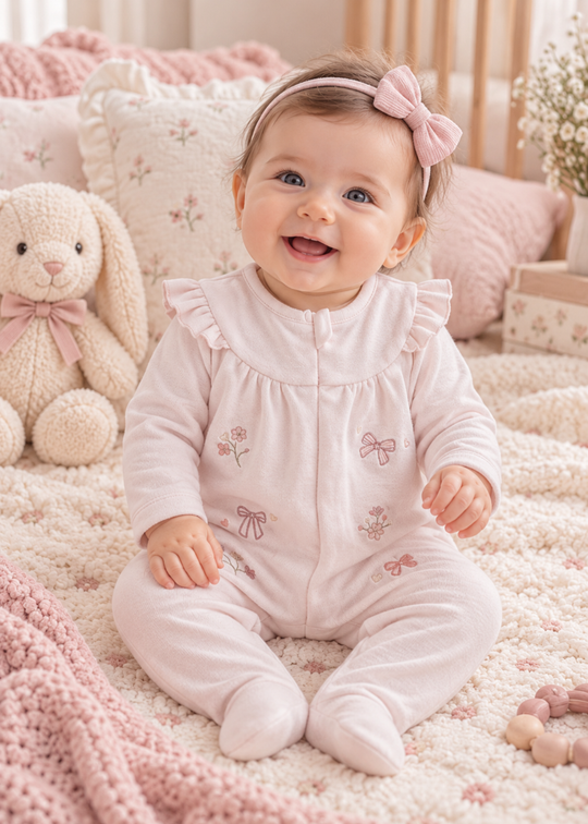 Salopeta Roz cu Botosei, Volanase la Umeri, Broderie cu Flori si Fundite pentru Fetite TK2722 – Mell Sweet Baby