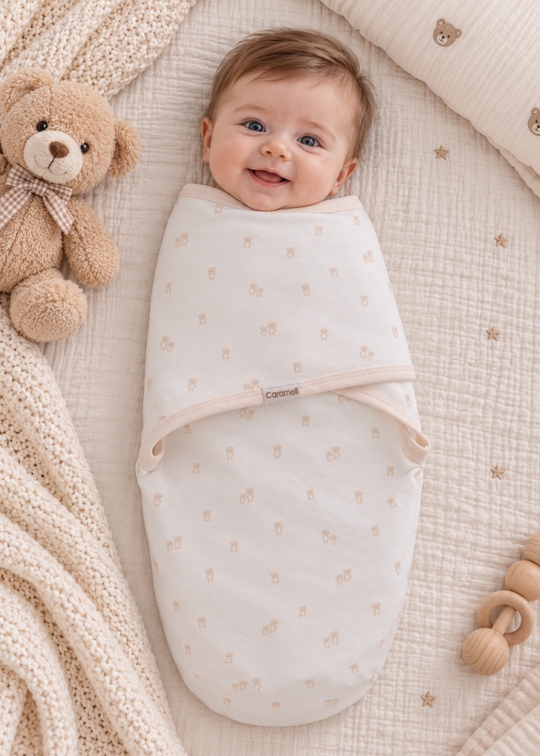 Sistem de Infasat Alb din Bumbac cu Imprimeu si Margini Bej pentru Baieti KNE2761 – Mell Sweet Baby