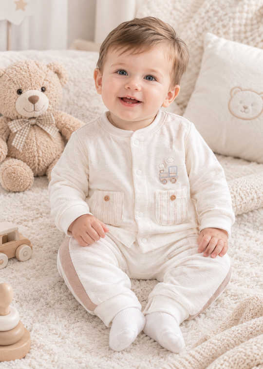 Compleu 2 Piese Crem cu Jacheta cu Buzunare si Pantaloni cu Dunga Laterala pentru Baieti TKE2743 – Mell Sweet Baby