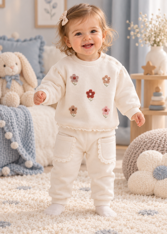 Compleu 2 Piese Bej cu Bluza cu Flori Brodate si Pantaloni cu Buzunare pentru Fetite TKK2688 – Mell Sweet Baby